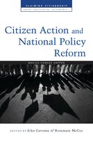 Boek 'Citizen Action and National Policy Reform' met de ondertitel 'Making Change Happen'. Op de cover staan de schaduwen van een groep mensen met vlaggen.