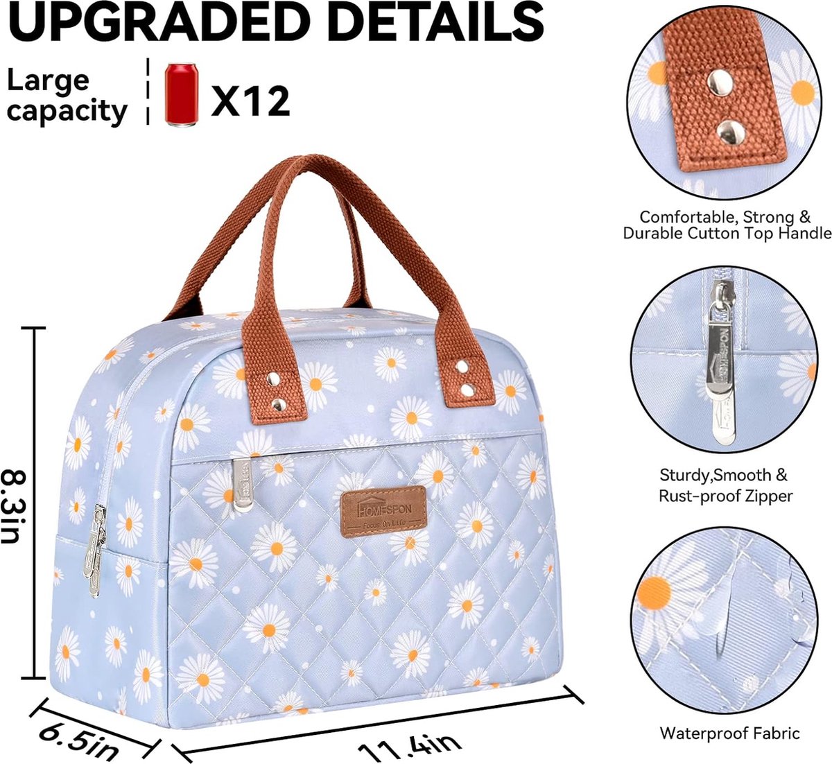 FOSDICK Lunchtas Voor Dames, Geïsoleerde Lunchtas Voor Dames, 28 X 21 X 15 Cm Blauwe Lunchtas Koeltas Volwassenen Geisoleerde Lunchtas Lunchboxcontainer Lunchtas