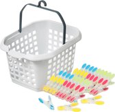 Wasknijpers ophang mandje/bakje - wit - met 40x plastic soft grip knijpers