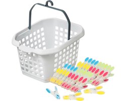 Wasknijpers ophang mandje/bakje - wit - met 40x plastic soft grip knijpers