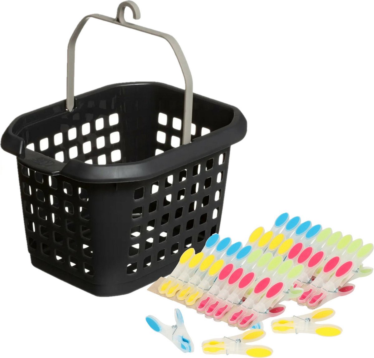 Goedkoopste Wasknijpers ophang mandje/bakje - zwart - met 40x plastic soft grip knijpers