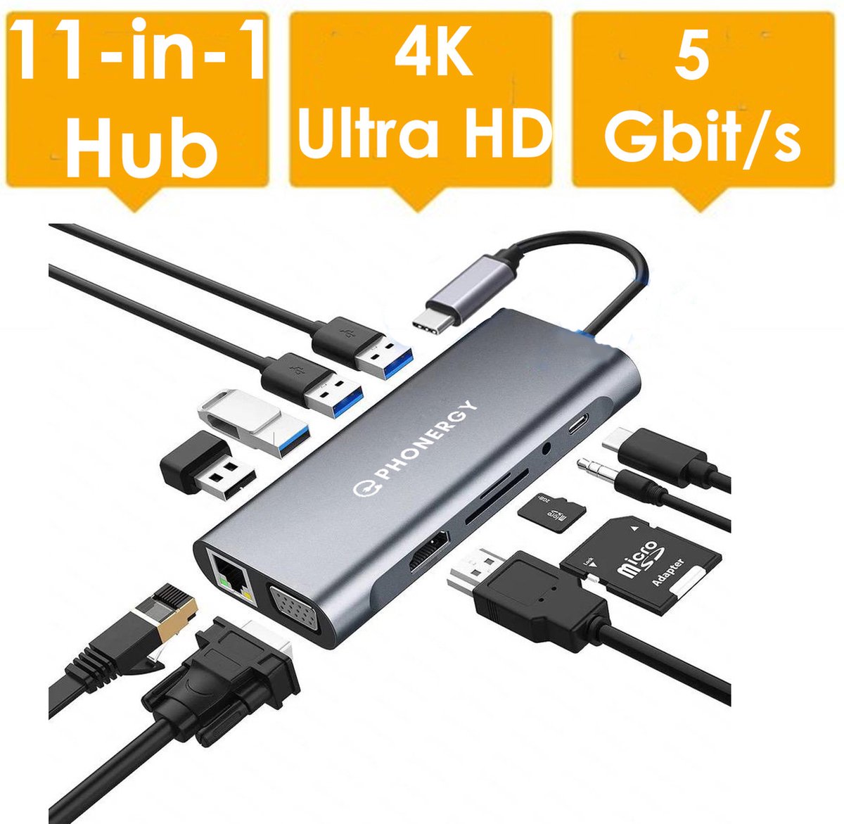 Phonergy Switch- 11-in-1 - Usb c hub - Usb hub - 4K Ultra HD - HDMI - 4K VGA - 4x USB 3.0 - 100 Watt opladen -TF/SD reader - Koptelefoon -2024- High End - Space Grey