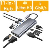 Phonergy Switch- 11-en-1 - Hub Usb c - Hub Usb - 4K Ultra HD - HDMI - 4K VGA - 4x USB 3.0 - Charge 100 Watt - Lecteur TF/SD - Casque - Haut de gamme - Gris sidéral