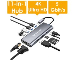 Phonergy Switch- 11-in-1 – Usb c hub – Usb hub – 4K Ultra HD – HDMI – 4K VGA – 4x USB 3.0 – 100 Watt opladen -TF/SD reader – Koptelefoon -2025- High End – Space Grey