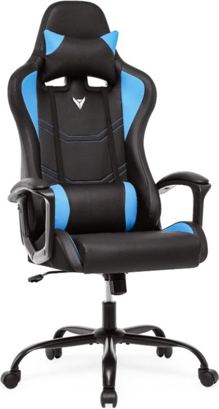 Gaming-stoel, gamerstoel met ergonomische rugleuning, verstelbare hoofdsteun en lendensteun (blauw)