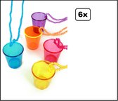 6x Shot glaasje aan ketting assortie kleuren - shotglas festival thema feest drinken uitgaan fun vrijgezel glas