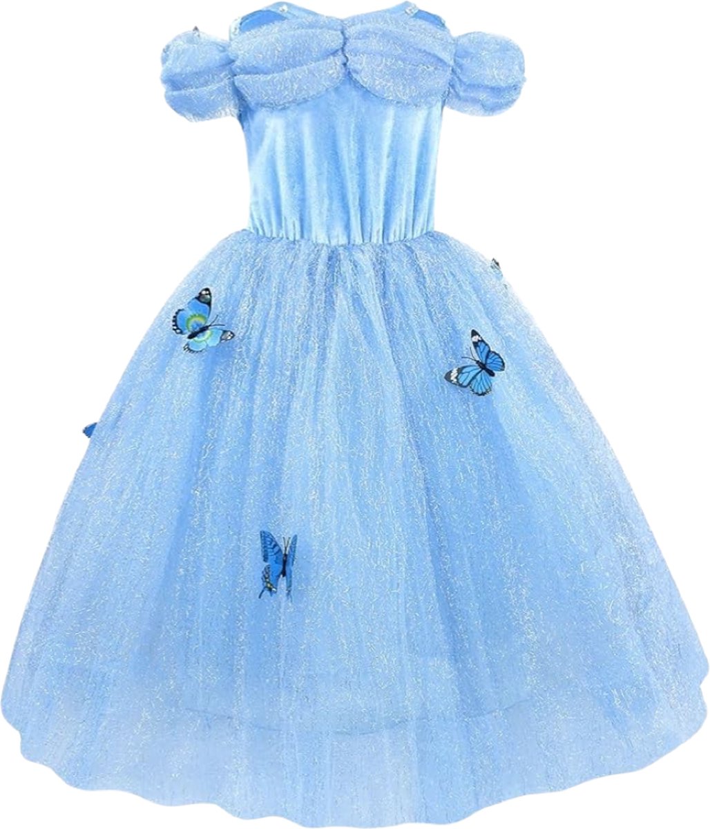 Prinsessenjurk meisje - Blauwe jurk met vlinders - Het Betere Merk - Verkleedkleding meisje - Kroon, toverstaf, vlecht & handschoenen — afbeelding 4