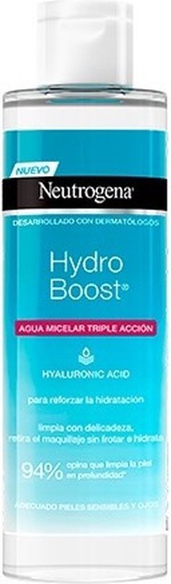 Eau micellaire Neutrogena Hydro Boost, avec "Acide Hyaluronique" et "94% qui hydratent la peau" sur une bouteille bleu clair.