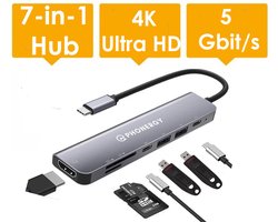 Phonergy Maxx- 7 in-1 – Usb c hub – Usb hub – 4K Ultra HD – HDMI – 3x USB 3.0 – 100 Watt opladen -TF/SD reader -2024- High End – Space Grey