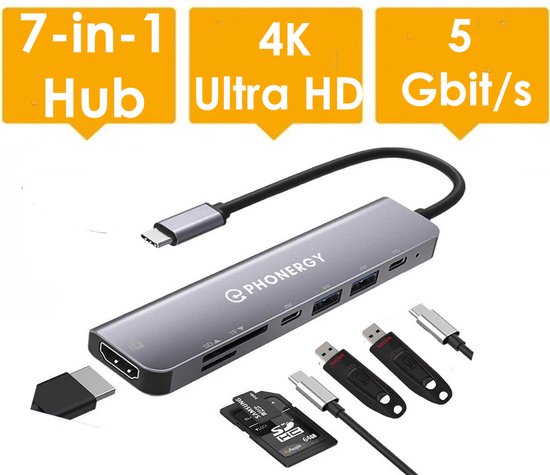 Phonergy Maxx- 7 in-1 - Usb c hub - Usb hub - 4K Ultra HD - HDMI - 3x USB 3.0 - 100 Watt opladen -TF/SD reader -2024- High End - Space Grey