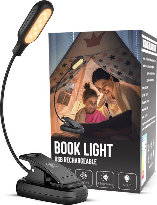 Detepo Leeslampje voor Boek - Draadloos - USB Oplaadbaar - LED Boeklamp met Klem - Verstelbaar - Leeslamp met Flexibele Arm - Geschikt voor Boeken/Slaapkamer/Bed - Zwart