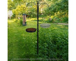 Voederstation voor vogels, van weerbestendig metaal, hoogte 195 cm, complete set incl. vogelbad en voederbord voor meelwormen, korrels, pinda's, vogelbad [zwart]