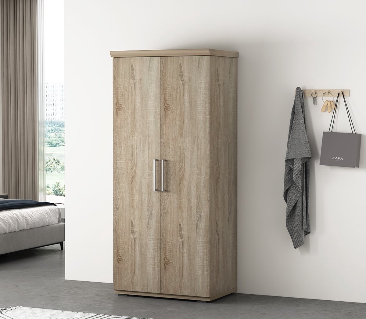 Interiax Kledingkast 'Mila' – 2 Deuren, 2 Lades, 1 Hanger & 3 Legplanken | Sonoma Eik | 183x80x52 cm