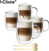 Dubbelwandige Koffieglazen Met Oor Met Gratis 4x Lepels - Latte Macchiato Glazen - 400ML - Dubbelwandige Theeglazen - 4x - Cappuccino Glazen
