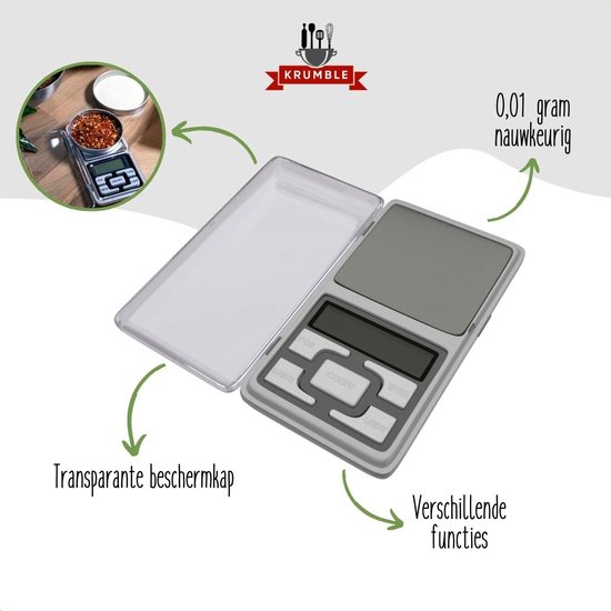 Krumble weegschaal met grijze details en transparante kap. Tekst: Transparante beschermkap, 0,01 gram nauwkeurig, verschillende functies.
