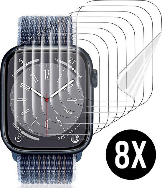 Apple Watch met blauwe band en 8 schermprotectors op de achtergrond.