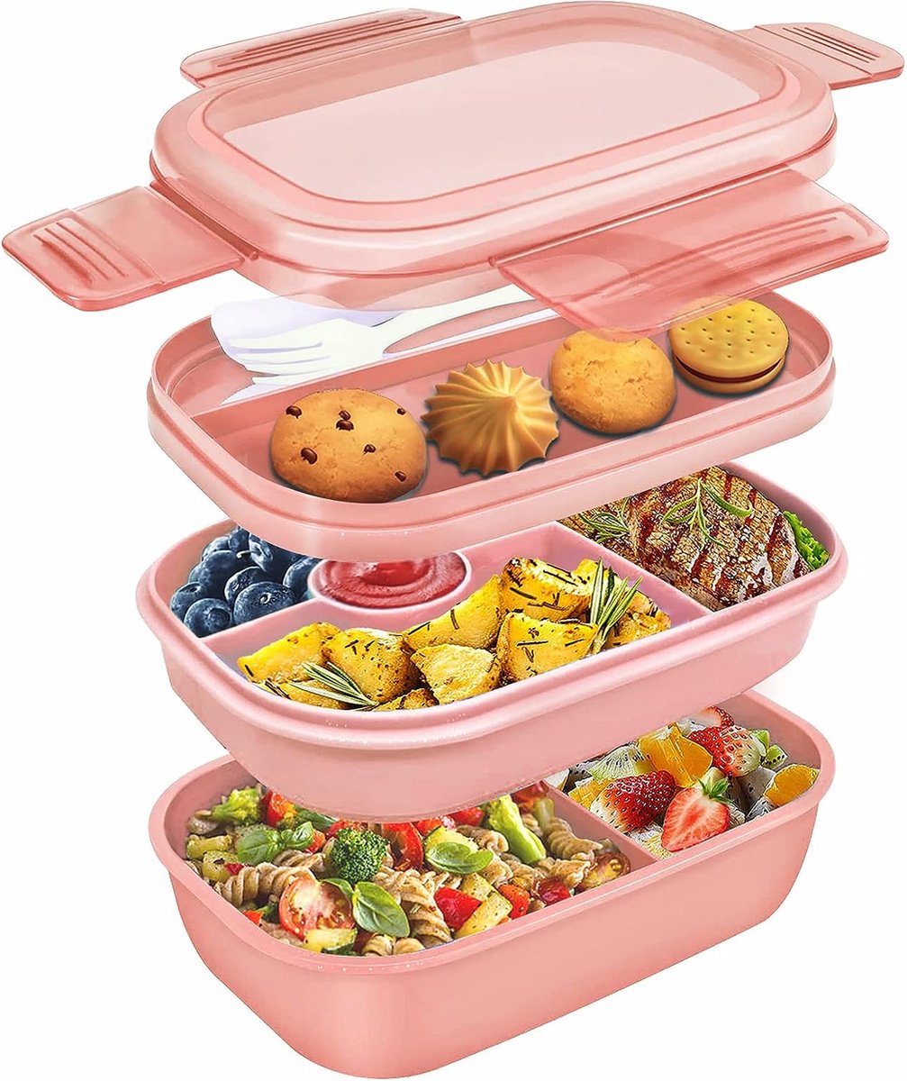 Lunchbox set 3 laags - Roze - 1900 ml - Stapelbare broodtrommel met vakken - Voor volwassenen of kinderen - Bento box