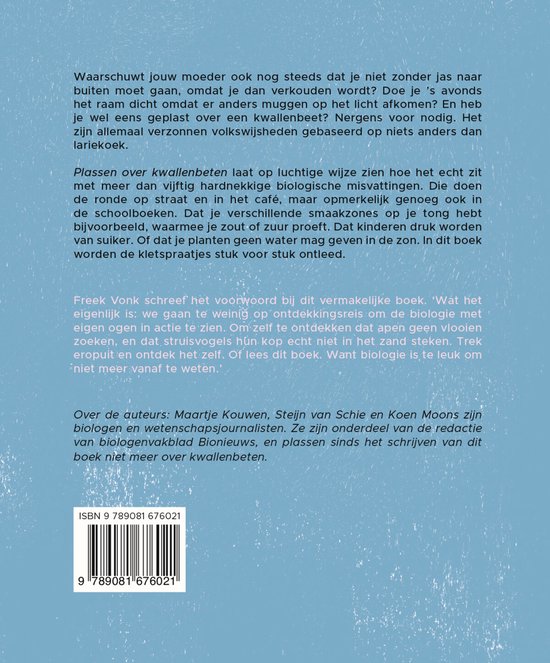 Boekcover met tekst: Plassen over kwallenbeten, biologische lariekoek ontleed. Titel en auteurs vermeld.