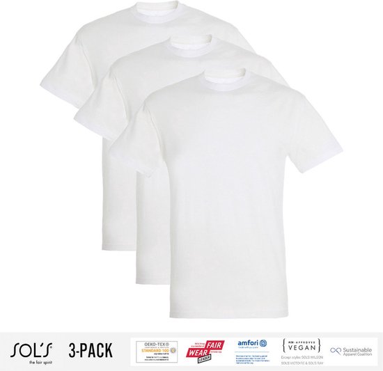 3 Pack Sol's Heren T-Shirt 100% biologisch katoen Ronde hals wit Maat XXL