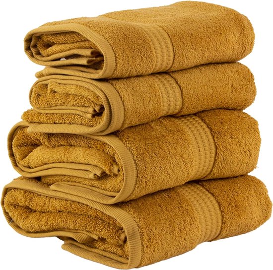 Set van 4 premium handdoeken 700gr, 2 handdoeken 50x100 cm en 2 badhanddoeken van 70x140cm, 100% katoen, sneldrogend en absorberend - (mosterd)