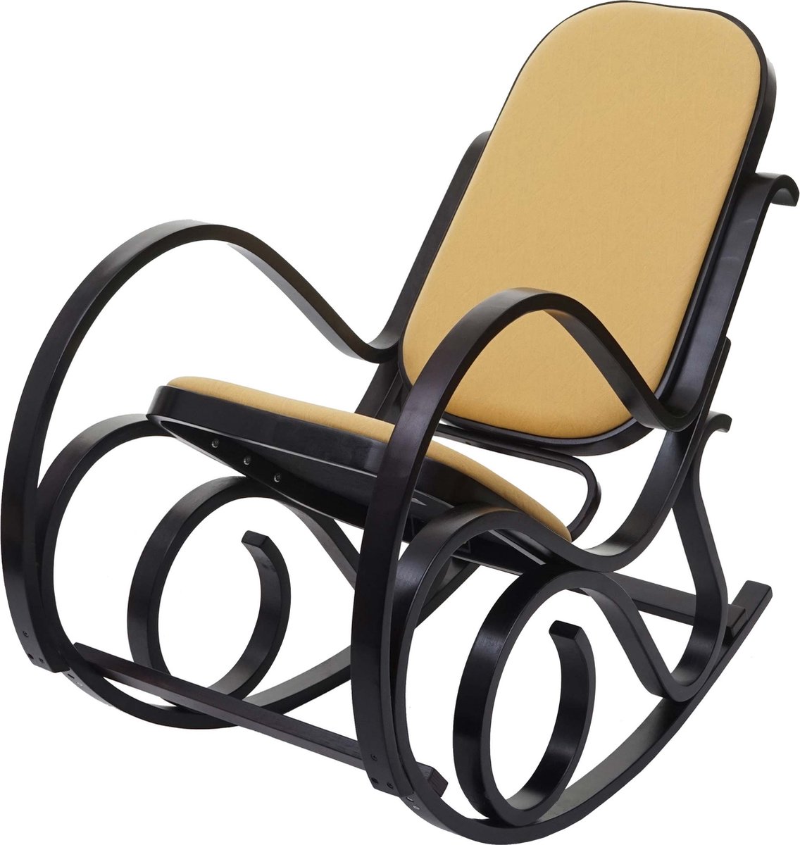 Schommelstoel M41, draaifauteuil TV-fauteuil, massief hout ~ walnoot look, stof/textiel geel