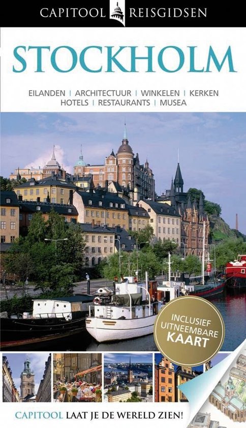 De voorkant van een Capitool reisgids voor Stockholm met de titel, stadsgezicht met gebouwen en boten, en inclusief uitneembare kaart.
