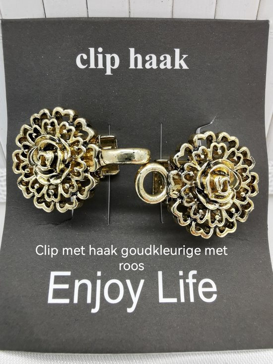 Vestsluiting - clip met haakje, roos hartenblad, voor vest, sjaal of omslagdoek in goudkleurig look. Ø 2 cm