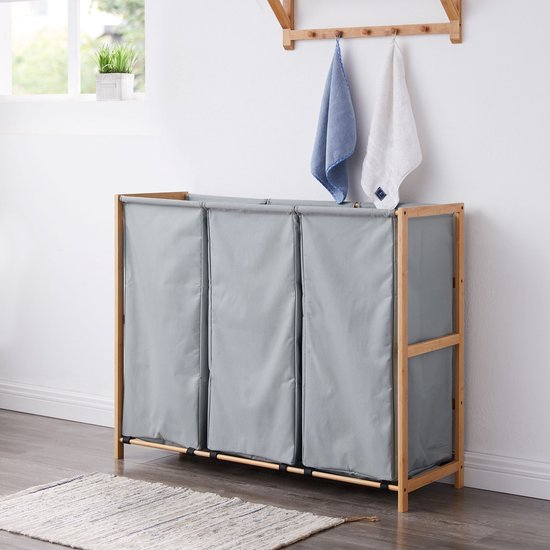 ACAZA Grand Trieur à Linge 3 Compartiments - Panier à Linge XL - Tissu/ Bamboe - Gris Vert