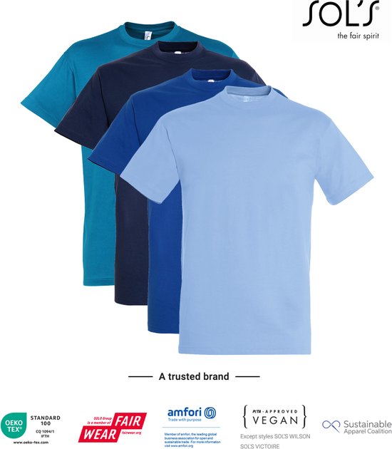 4 Pack SOLS Heren T-Shirt 100% katoen Ronde hals Sky blue, Kobalt blauw, Denim, Aqua Maat 3XL