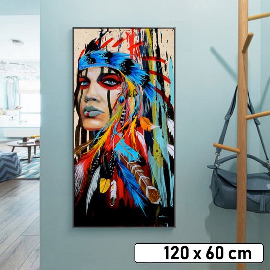 Allernieuwste.nl® Peinture sur toile Graffiti Indian Girl - Salon - Affiche - Graffiti - 60 x 120 cm - Couleur
