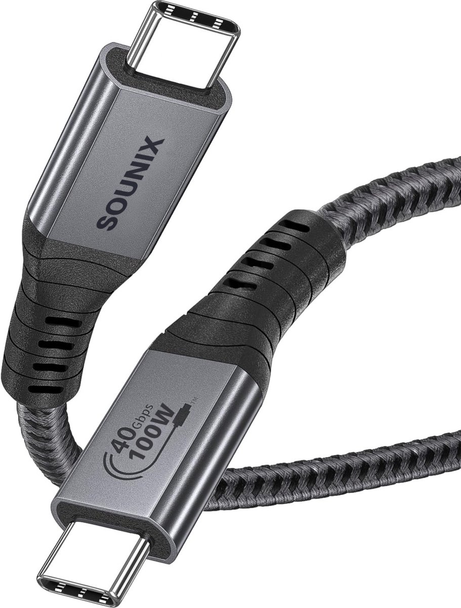Sounix USB 4 kabel - 40Gbps - 100W - 8K@60Hz - Geschikt voor Apple iPhone 15/Samsung/Macbook/iPad - Certified Cable - USB C oplader - Snellader - Thunderbolt - Zwart