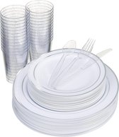 MATANA 150-delig Plastic Feestservies - 50 Witte Feestborden met Zilveren Rand (2 Maten), 25 Lepels, 25 Vorken, 25 Messen, 25 Feestbekers - Bruiloften en Verjaardagen