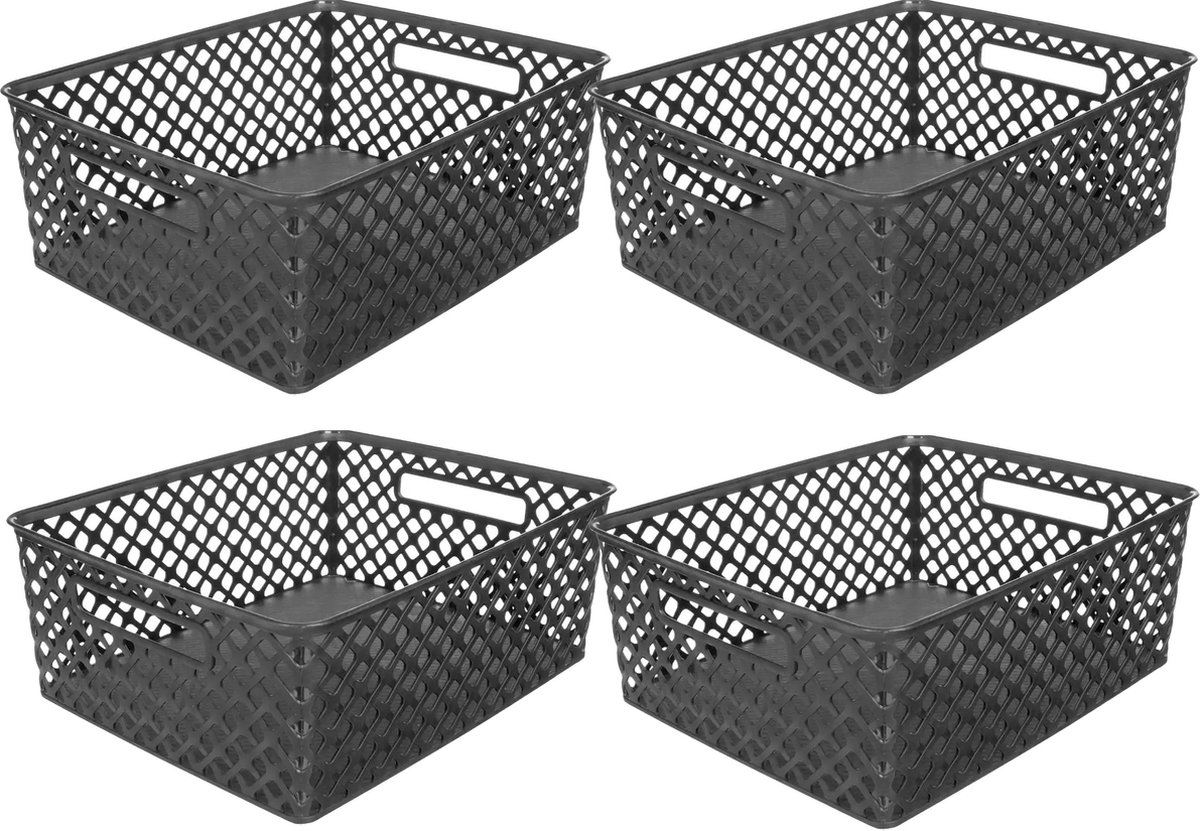 5Five Opbergmand/box van kunststof - 4x - zwart - 29 x 35 x 13 cm - 11 liter