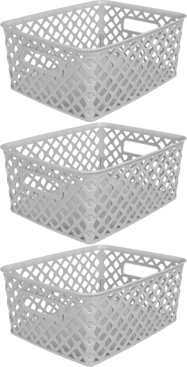 5Five Opbergmand/box van kunststof - 3x - grijs - 19 x 25 x 10 cm - 4 liter