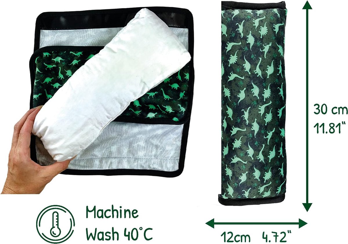 auto slaapkussen voor kinderen - machine wasbaar - zacht autogordelkussen, gordelbeschermer, gordelkussen, autokussen, reiskussen, vakantie - 30x12cm (Dinosaurus)
