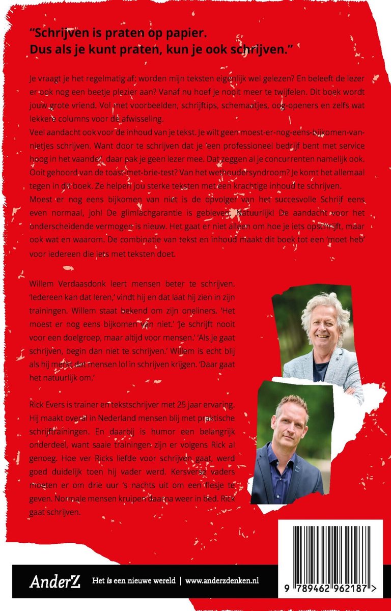 Achterkant van het boek "Moest er nog eens bijkomen van niet!". Twee mannen, Rick Evers en Willem Verdaasdonk, zijn te zien. Rechtsonder een barcode.