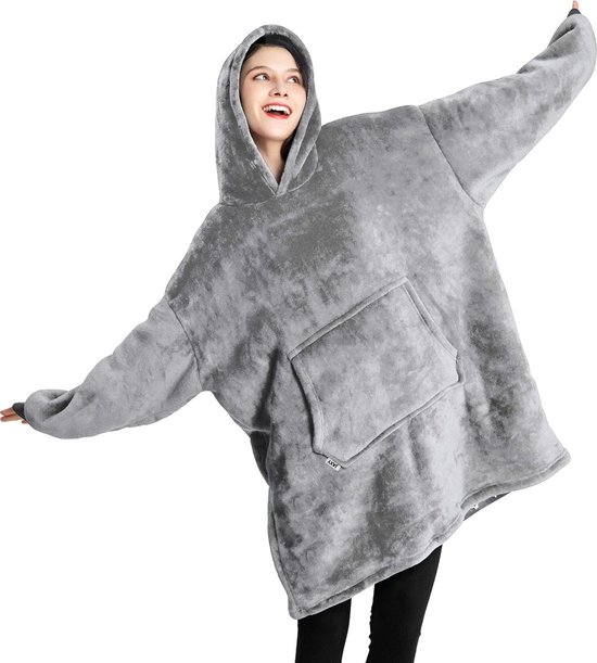 Q-Living Hoodie Deken - Snuggie - Plaid Met Mouwen - Snuggle Hoodie - Fleece Deken Met Mouwen - Hoodie Blanket - Licht Grijs