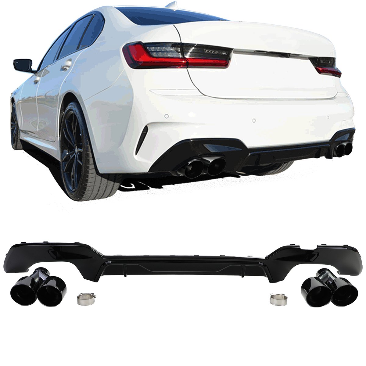 Oneway Achterbumperskirt (Diffuser) compatibel met BMW 3-Serie G20/G21 2018-2022 - Glanzend zwart