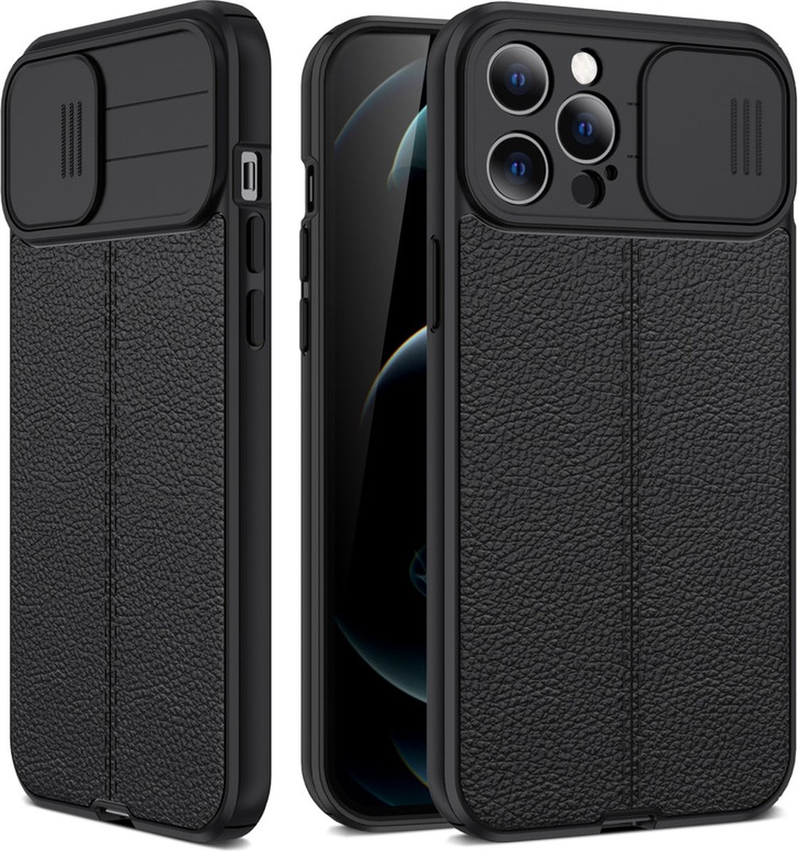 iPhone 12 PRO hoesje - Met Camshield - Camera bescherming - Leren Back Case - Magsafe compatible - Zwart - Provium