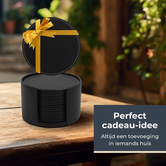 Castagnola Sous-verres de Verre en Similicuir avec Support - Sous-verres pour Verres - Sous-verres Design - Ensemble de Dessous de Verre - Sous-verres de Verre - Similicuir - Sous-verres en Cuir - Set de 16 - Zwart avec Coutures