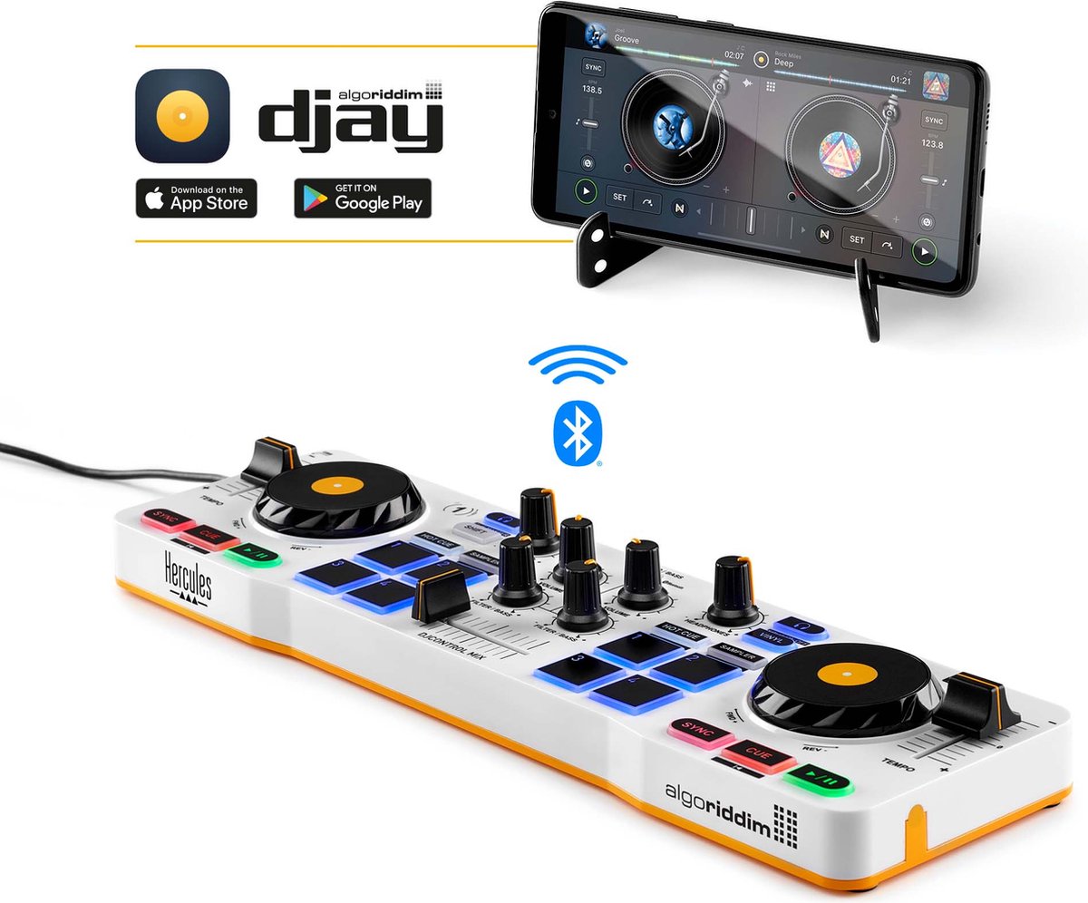 Hercules DJControl Mix – Bluetooth Draadloze DJ-controller voor Smartphones (iOS en Android) – djay-App – 2 Decks - Eenvoudig mixen op een smartphone via Bluetooth Low Energy - aansluiten is snel en simpel - Jogwielen voor mixen en scratchen - Hercules