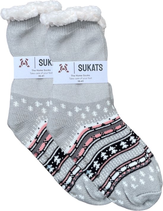 Sukats - Homesocks - Home Chaussettes d'intérieur - Femmes et hommes - Taille 41-46 - Rennes Grijs / gris clair - Antidérapant - Fluffy - Plusieurs tailles et variantes