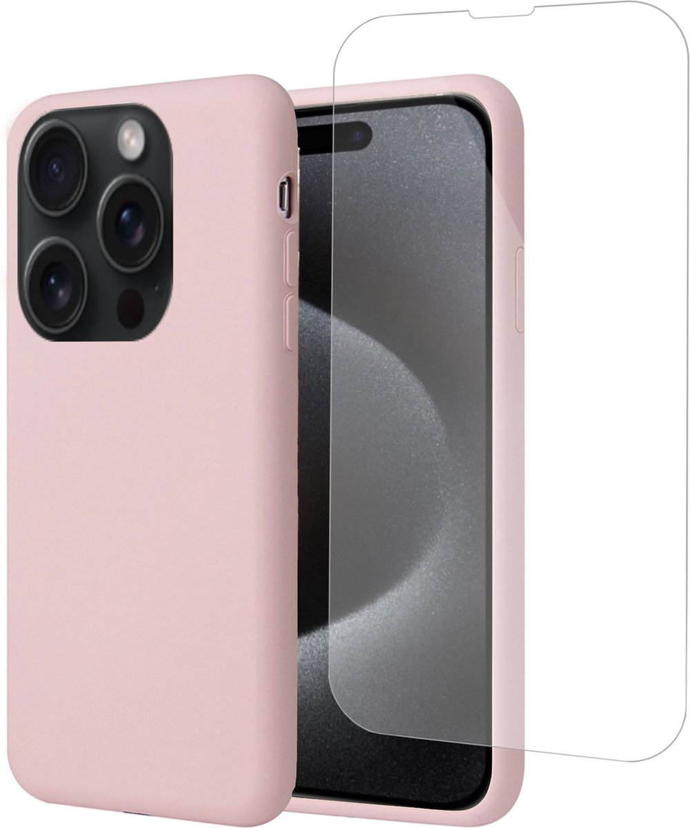 Geschikt voor iPhone 15 Pro Hoesje + Screenprotector – Gehard Glas Cover - Suède Case Rose