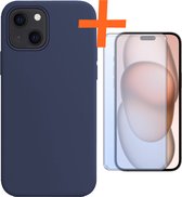 Hoesje Geschikt voor iPhone 15 Hoesje Siliconen Cover Case Met Screenprotector - Hoes Geschikt voor iPhone 15 Hoes Back Case - Donkerblauw.