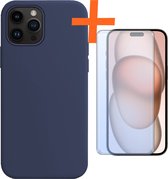 Hoesje Geschikt voor iPhone 15 Pro Hoesje Siliconen Cover Case Met Screenprotector - Hoes Geschikt voor iPhone 15 Pro Hoes Back Case - Donkerblauw