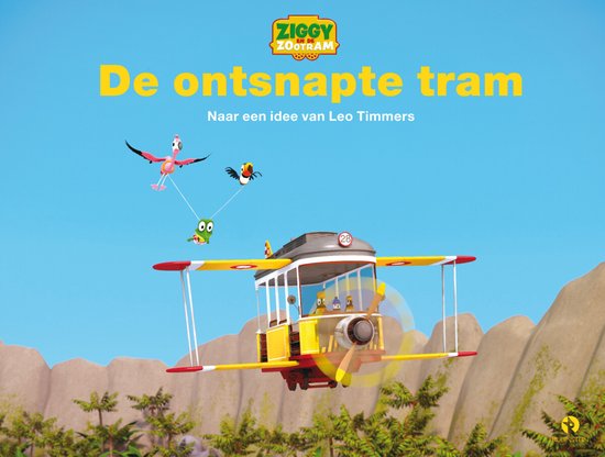 De ontsnapte tram: Een gele tramvliegtuig met rode vleugels vliegt door de lucht. Een flamingo en twee vogels vliegen mee.