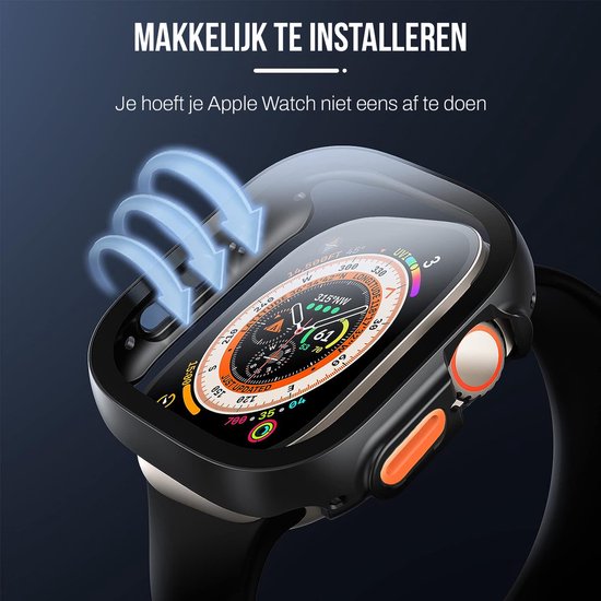 Zwarte Apple Watch Ultra 49mm hoes met open zijkanten voor eenvoudige installatie.
