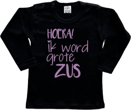 Shirt Aankondiging zwangerschap Ik word grote zus | lange mouw | Zwart/lila | maat 104 zwangerschap aankondiging bekendmaking Baby big sis sister