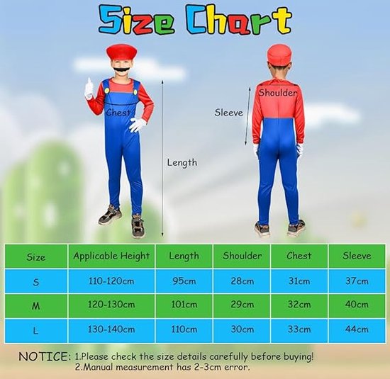 Costume de Mario et Luigi Bros pour adolescents avec chapeau moustache et gant pour fête d'Halloween (rouge