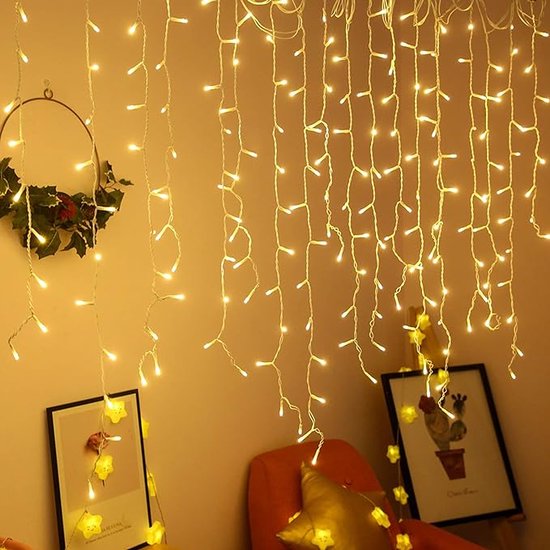 Kerst sale！Decoratieve verlichting-IJspegel Verlichting-Kerstverlichting Gordijn - Lichtgordijn - 4M 96leds 8 modi-Koppelbaar- Warm Wit - IJsregen lichtketting
